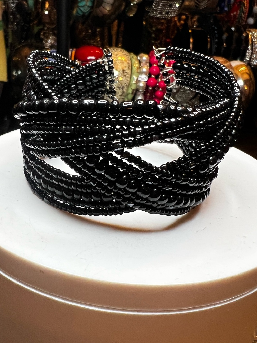Black Braided Multi-Strand Seed Bead Cuff Bracelet